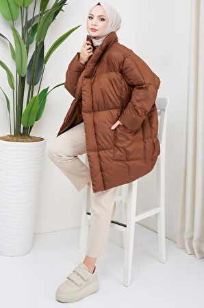 Oversize Torba Cep Şişme Mont Taba HM2317