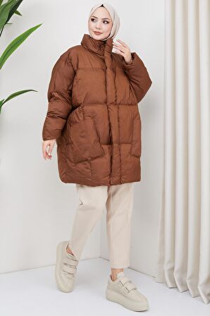Oversize Torba Cep Şişme Mont Taba HM2317