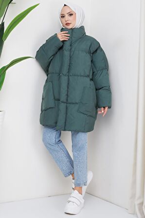 Oversize Torba Cep Şişme Mont Yeşil HM2317