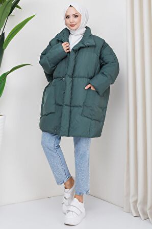Oversize Torba Cep Şişme Mont Yeşil HM2317