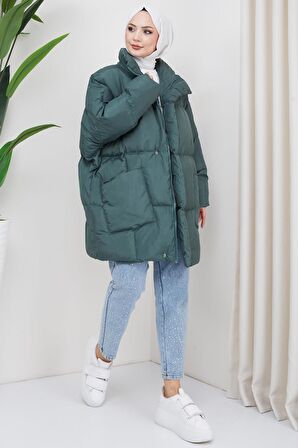 Oversize Torba Cep Şişme Mont Yeşil HM2317