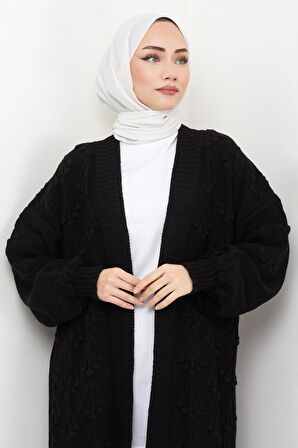 Kiraz Desenli Uzun Triko Hırka Siyah HM2334