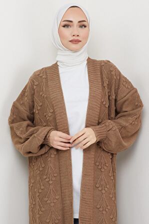 Kiraz Desenli Uzun Triko Hırka Camel HM2334