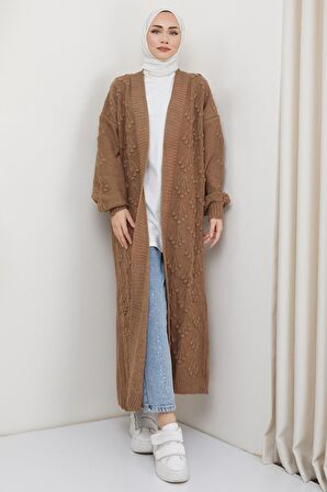 Kiraz Desenli Uzun Triko Hırka Camel HM2334