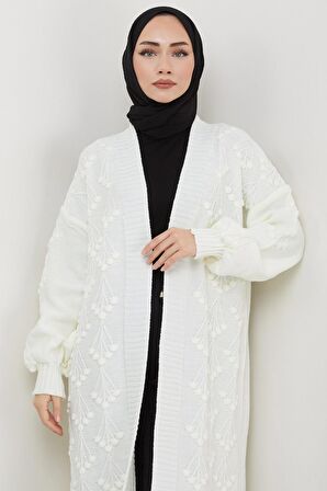 Kiraz Desenli Uzun Triko Hırka Ekru HM2334