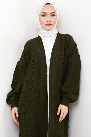 Kiraz Desenli Uzun Triko Hırka Haki HM2334