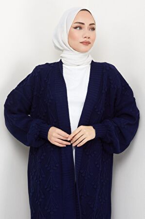 Kiraz Desenli Uzun Triko Hırka Lacivert HM2334