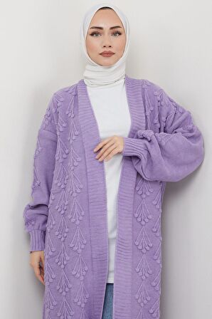 Kiraz Desenli Uzun Triko Hırka Lila HM2334