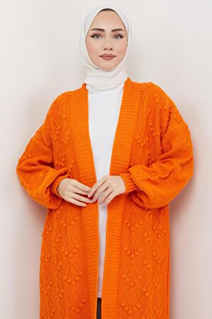 Kiraz Desenli Uzun Triko Hırka Turuncu HM2334