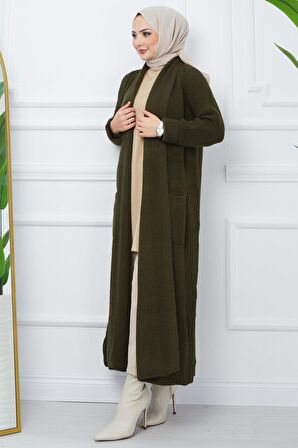 Şal Yaka Cepli Triko Hırka Haki HM2243