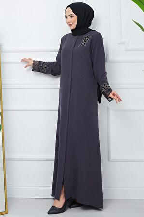 Büyük Beden Dantel Taş İşleme Detaylı Füme Ferace HM2029