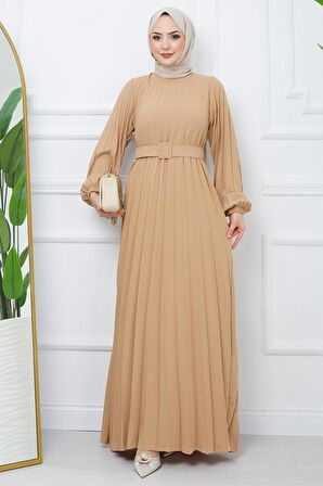 Kemerli Piliseli Aerobin Elbise Camel HM2339