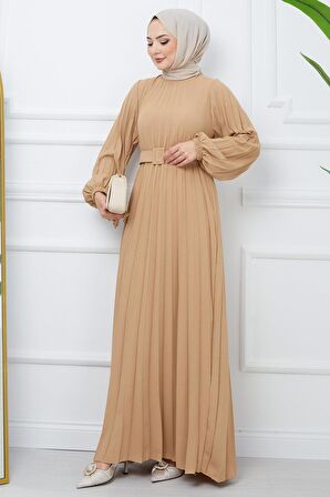 Kemerli Piliseli Aerobin Elbise Camel HM2339