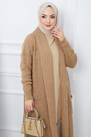 Şal Yaka Salaş Triko Hırka Camel HM2248