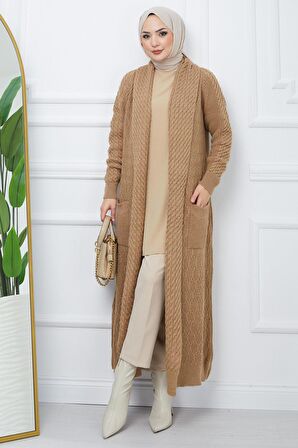Şal Yaka Salaş Triko Hırka Camel HM2248