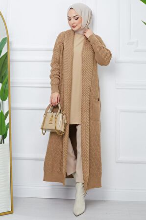 Şal Yaka Salaş Triko Hırka Camel HM2248