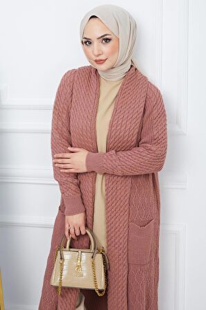 Şal Yaka Salaş Triko Hırka Gül Kurusu HM2248