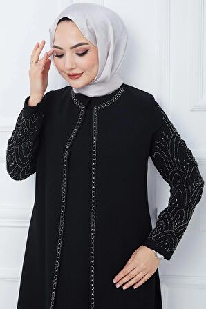 Kolları Taşlı Büyük Beden Anne Elbisesi Siyah HM2349