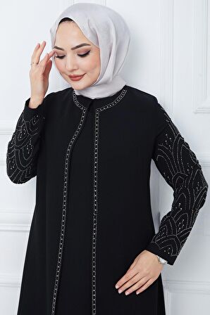 Kolları Taşlı Büyük Beden Anne Elbisesi Siyah HM2349