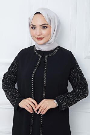 Kolları Taşlı Büyük Beden Anne Elbisesi Siyah HM2349
