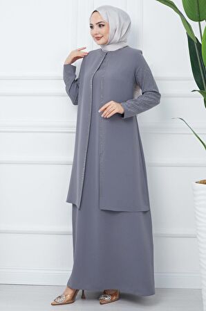 Kolları Taşlı Büyük Beden Anne Elbisesi Gri HM2349