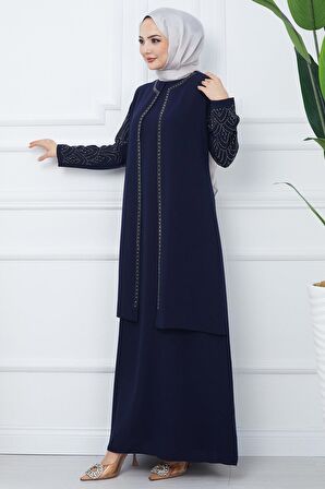 Kolları Taşlı Büyük Beden Anne Elbisesi Lacivert HM2349