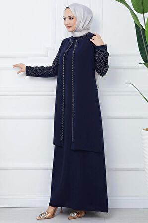 Kolları Taşlı Büyük Beden Anne Elbisesi Lacivert HM2349