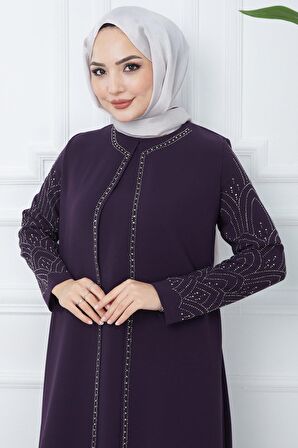 Kolları Taşlı Büyük Beden Anne Elbisesi Mor HM2349