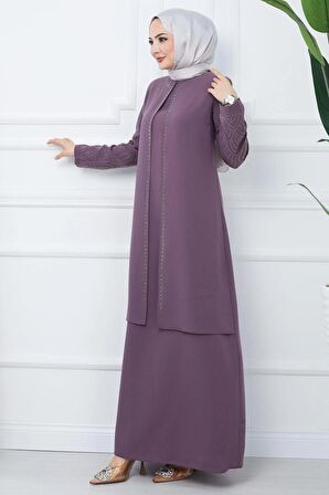 Kolları Taşlı Büyük Beden Anne Elbisesi Mürdüm HM2349