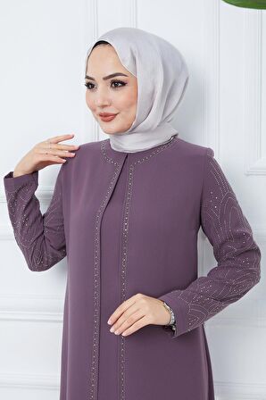 Kolları Taşlı Büyük Beden Anne Elbisesi Mürdüm HM2349