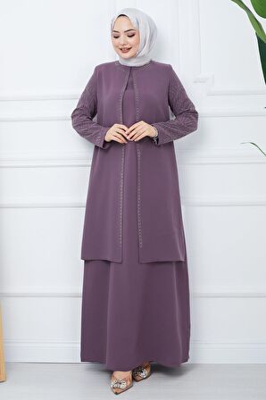 Kolları Taşlı Büyük Beden Anne Elbisesi Mürdüm HM2349