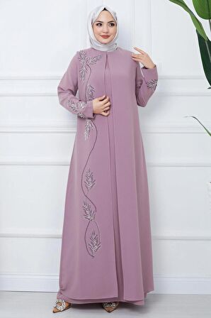 Büyük Beden Yaprak Taşlı Anne Elbisesi Pembe HM2350