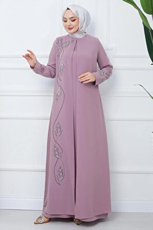 Büyük Beden Yaprak Taşlı Anne Elbisesi Pembe HM2350