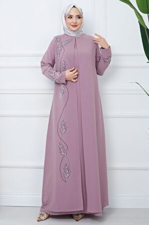 Büyük Beden Yaprak Taşlı Anne Elbisesi Pembe HM2350