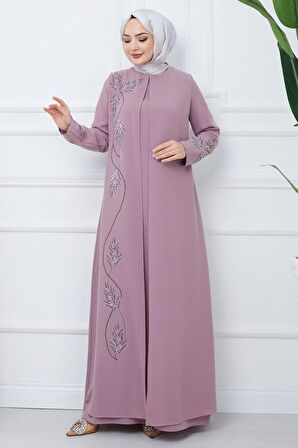 Büyük Beden Yaprak Taşlı Anne Elbisesi Pembe HM2350