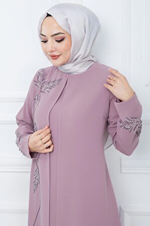 Büyük Beden Yaprak Taşlı Anne Elbisesi Pembe HM2350