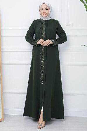 Işıl Taş Detaylı Büyük Beden Ferace Haki HM2351