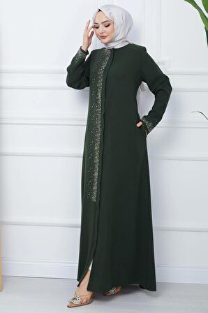 Işıl Taş Detaylı Büyük Beden Ferace Haki HM2351