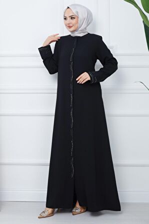 Petek Kumaş Büyük Beden Taşlı Ferace Siyah HM2352