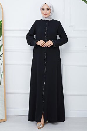 Petek Kumaş Büyük Beden Taşlı Ferace Siyah HM2352