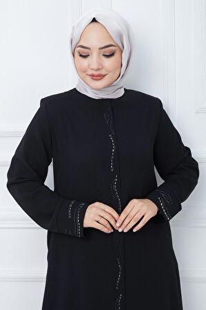 Petek Kumaş Büyük Beden Taşlı Ferace Siyah HM2352