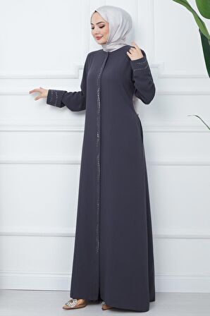 Petek Kumaş Büyük Beden Taşlı Ferace Füme HM2352
