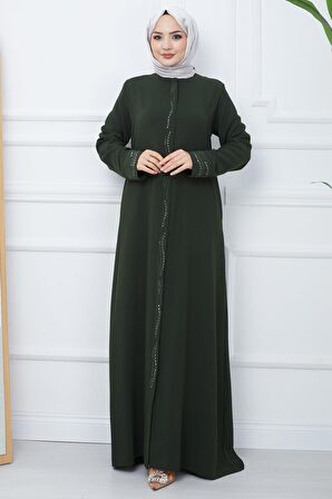 Petek Kumaş Büyük Beden Taşlı Ferace Haki HM2352
