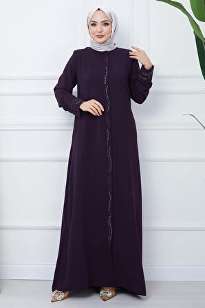 Petek Kumaş Büyük Beden Taşlı Ferace Mürdüm HM2352