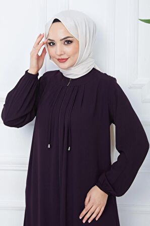Yakası Pileli ve Bağcıklı Ferace Mürdüm HM2357