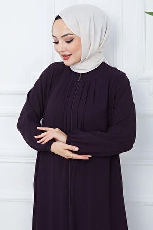 Yakası Pileli ve Bağcıklı Ferace Mürdüm HM2357