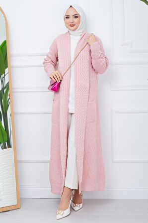 Şal Yaka Salaş Triko Hırka Pembe HM2248