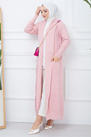 Şal Yaka Salaş Triko Hırka Pembe HM2248