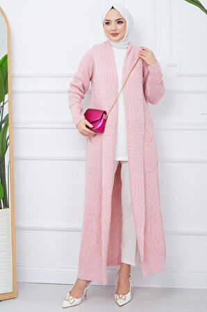 Şal Yaka Salaş Triko Hırka Pembe HM2248