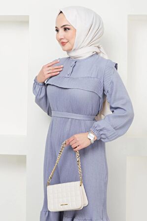 Düğmeli Piliseli Elbise Gri HM2364